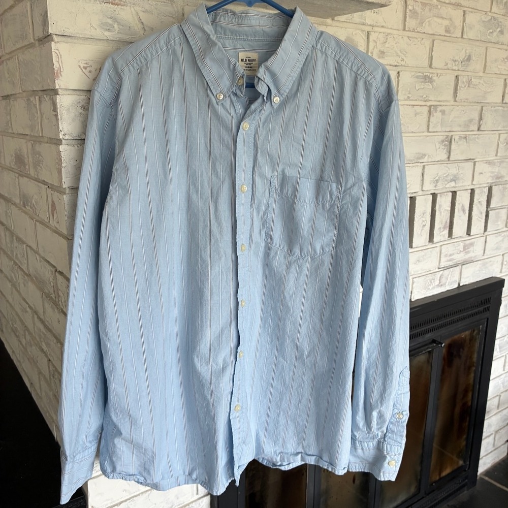 Old Navy Mens L Blue White Striped Button Down Shirt Long Sleeve Cotton Preppy